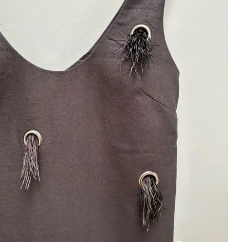 ISLA Linen Grommet and Feather black mini cocktail dress XS