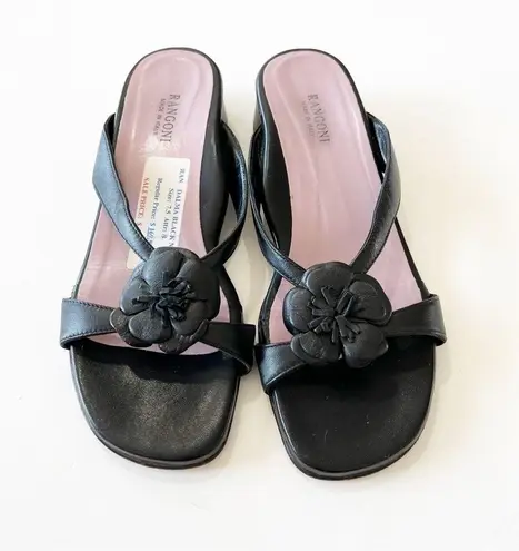 Rangoni Dalma Black Napa Leather Sandals Floral Mini Wedge Women’s Size 7.5 $170