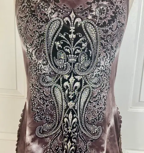 Vocal rhinestone crochet tunic top, women's small brown tie dye tank tunic