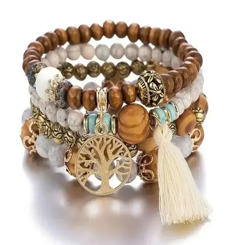 Bohemian Tassel & Hollow Out Tree Decor Beaded Bracelet Brown