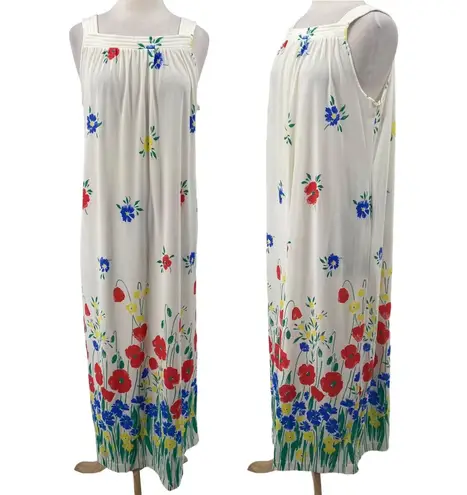 Vintage 70s Floral Print Maxi Dress A Line Sleeveless Square Neck Ivory Red XL White