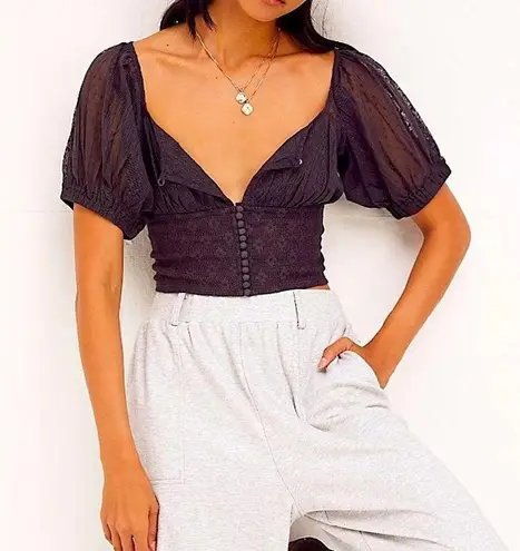 Free People “Heartstrings”Corset Style Mesh Lace Top•Dark Chocolate Brown•Sz S