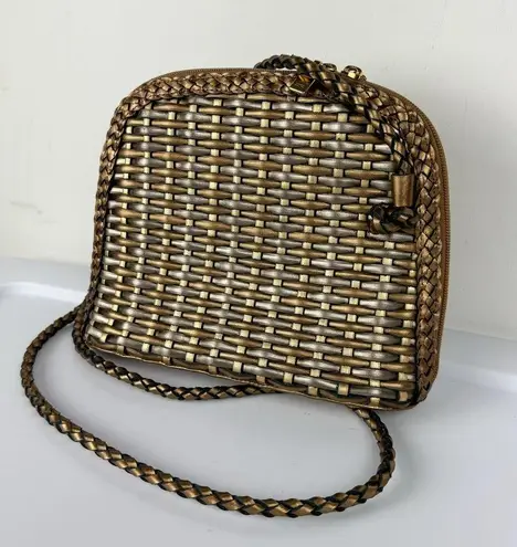 Vtg CEM Gold Metallic Woven Leather Crossbody Bag Full Zip
