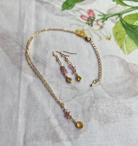 Rose Quartz Jewelry Set, Citrine Pearl Strawberry Set, Cute Casual Colorful Pink