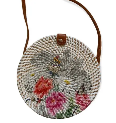 Floral Print Handwoven Rattan Crossbody Bag Multi