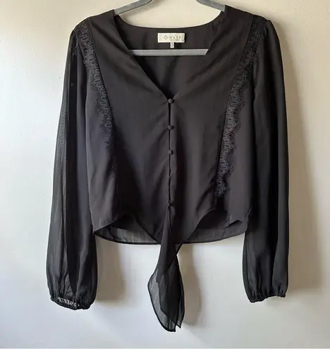 WAYF Black Sheer Western Rodeo Lace Trim Long Sleeve Tie Front Blouse Size S
