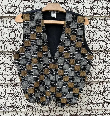 Vintage 80s Effect beaded sequin checkerboard vest gold silver black MEDIUM