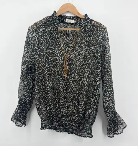 Molly Bracken Floral Sheer Blouse Smocked Ruffle Neck Long Sleeve Size Small