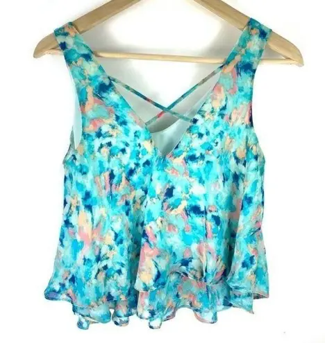 Decree Blue Sleeveless Cropped Tiered Tank Blouse Size Small