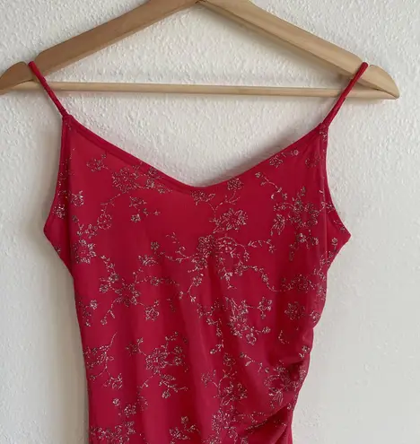 Taboo Vintage 90s Y2K Red Pink Floral Glitter Ruched Asymmetrical Mini Dress