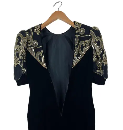 Jessica McClintock Vintage Black Velvet Gold Sequin Puffy Half Sleeves Dress