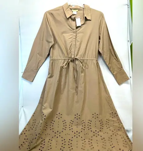 Sweet Magnolia Long Sleeve Shirt Dress W/Embroidered cut out 100% Cotton L Tan Size L