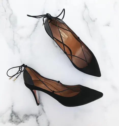 Aquazzura Fellini women’s leather-trimmed black suede pointed-toe pumps IT 37