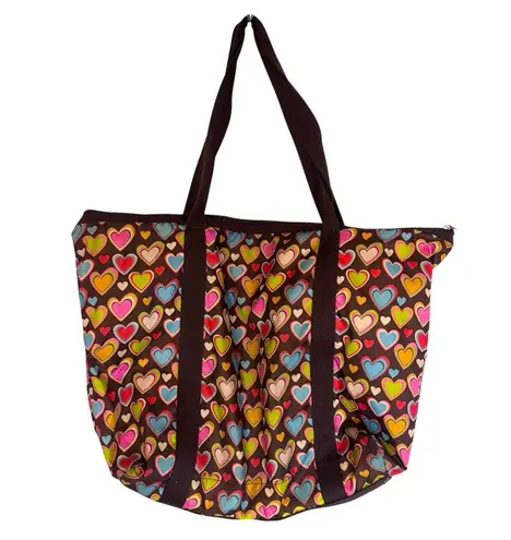 LeSportsac DeLuxe Everyday Bag Purse Brown Colorful Hearts EUC Tote Waterproof