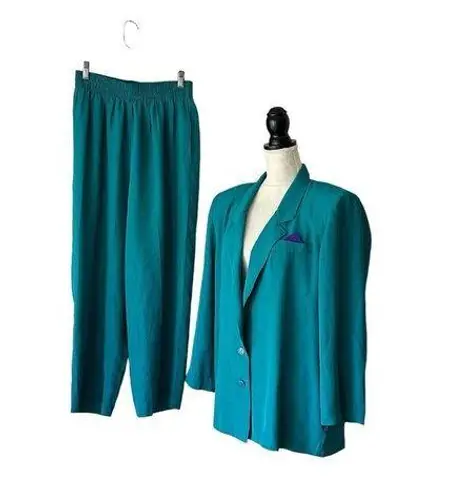 Vintage 90s Two Piece Lifestyle Green Pant And Jacket Set Open Front Shoulderpad Size 14