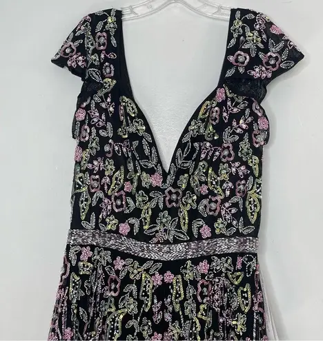 Mac Duggal 5353 Size 14W Floral Beadwork Flare Short Cap Sleeve A-Line Dress