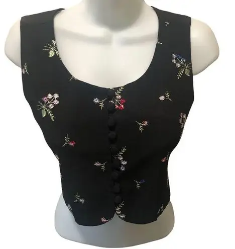 EXPRESS VTG Cropped Button Front Black Floral Embroidered Vest Size 3/4 Dressy Party