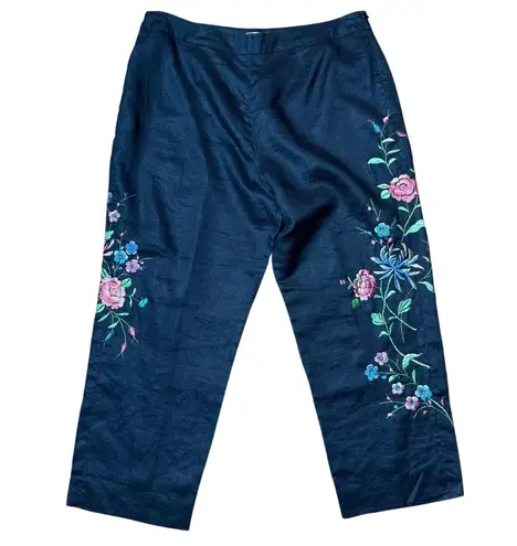 Allison Taylor Black Linen Pants 14 Embroidered Floral Cropped Boho Straight Leg