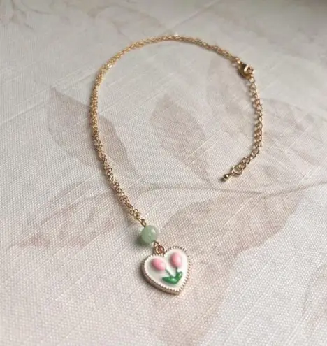 Cute Flower Necklace, Mint Pearl Pink Tulip, Heart Charm, Dainty, Coquette Fun Green