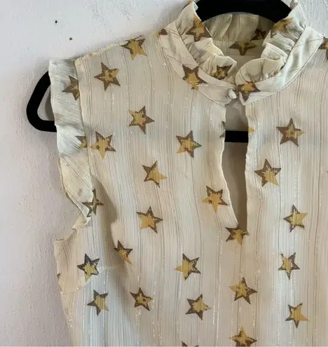 Julie Brown Blouse Ivory w/ Metallic Gold Stars Sleeveless Ruffle Top Sz 4 EUC