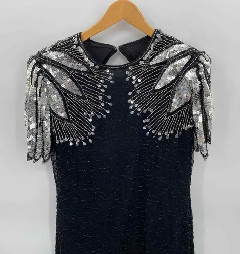 Scala Vintage Festive Dress Whimsigoth Fairy XL Black Silver Silk Sequined Beads