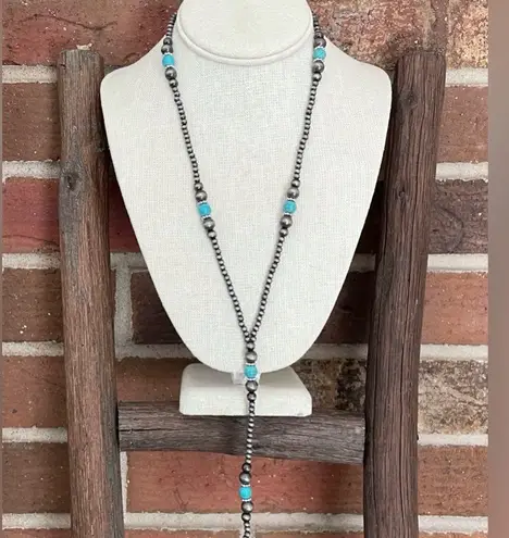 Navajo Style Pearl Lariat Necklace with Turquoise Silver