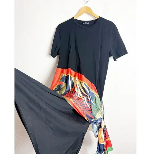 ZARA  Black T Shirt Waist Scarf Midi Dress Size Medium Contrasting Detail