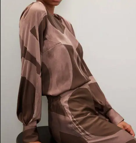 Slate + Willow Blouse Elegant Brown Pink Patterned Balloon Sleeve Top Business