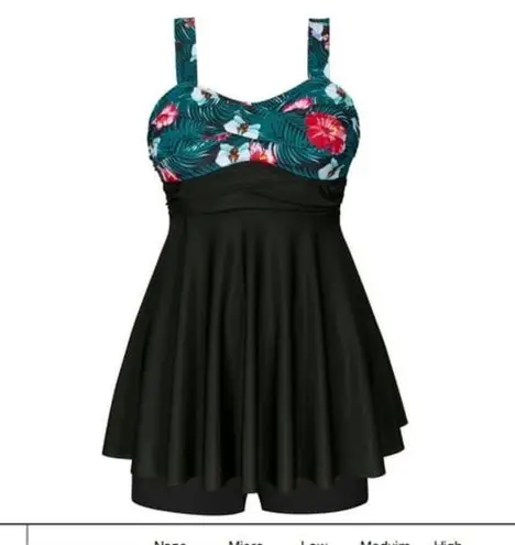 Chama Plus Size Flowy Swimdress Retro Printed Swimsuit Empire Waist Tankini Black