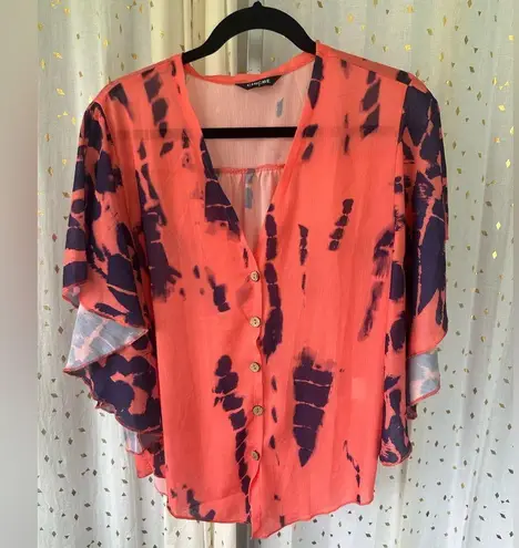 Chic Me Sheer Orange Tie Dye Waterfall Sleeve Bohemian V Neck Button Down Blouse