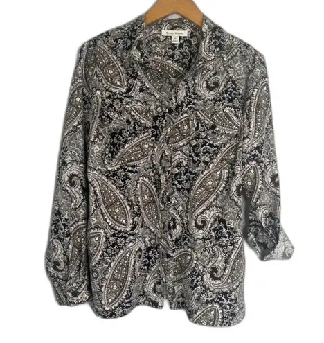 Studio Works Geometric Paisley Button Front Long Sleeve Blouse Size MD