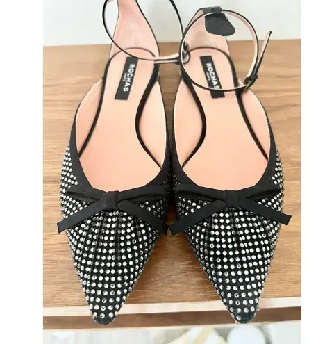 Rochas Rhinestone Embellished Pointed Toe Flat Sandal Black Womens Size 38.5/8.5