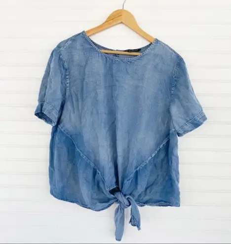 Blue Chambray Front Knot Tie Back Button Top Size L