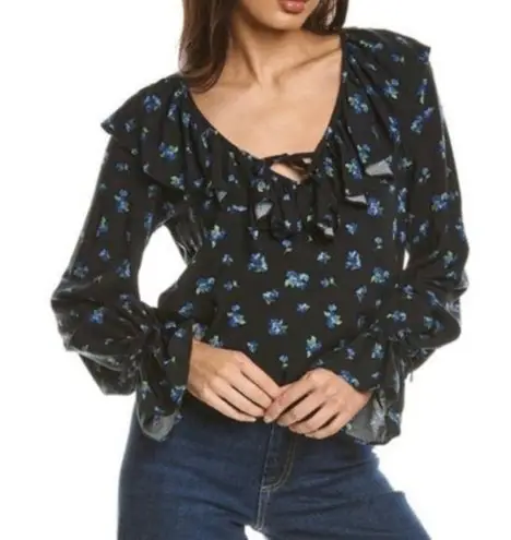 We Wore What Women's Floral Print Ruffle Blouse Watercolor Ditsy Black Multi Sz L