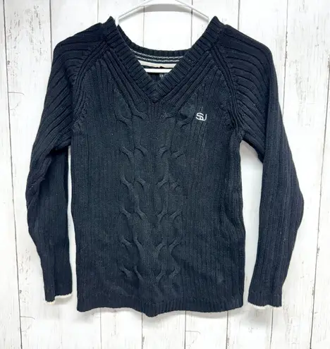 Sean John Top Women Size S(8) V-neck Cable Knit Sweater Cotton Black Embroidered
