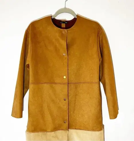 ZARA  Faux‎ Fur Ultrasuede Coat Brown Size Small Snap Front Blogger Fave Cozy