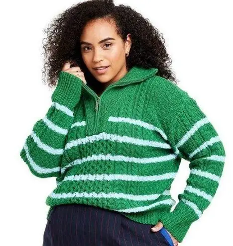 La Ligne Sweater x Target XL Quarter Zip Striped Cable Knit Green Light Blue NWT