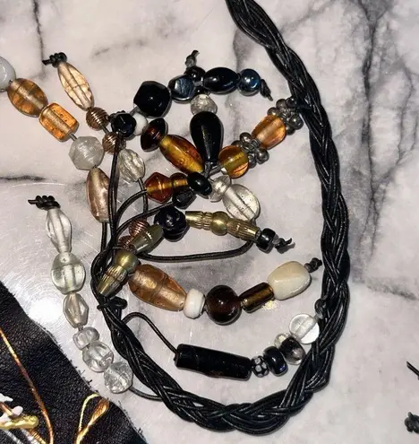 NEW Handmade GENUINE ITALIAN LEATHER Belt Sash Black Gold Silver Beaded OSFA