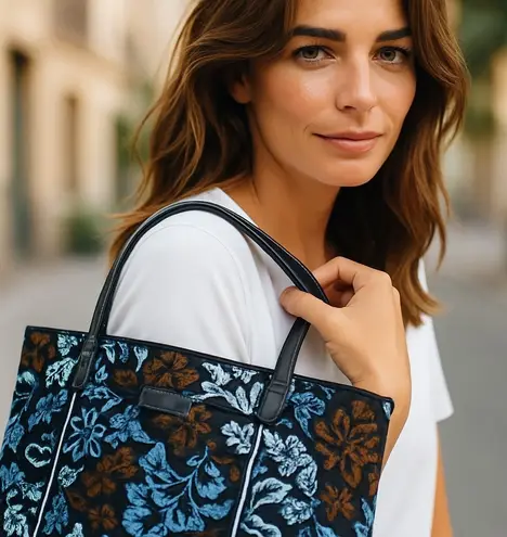 Vera Bradley Tote Bag Quilted Floral Travel Carryall Handbag Blue Brown