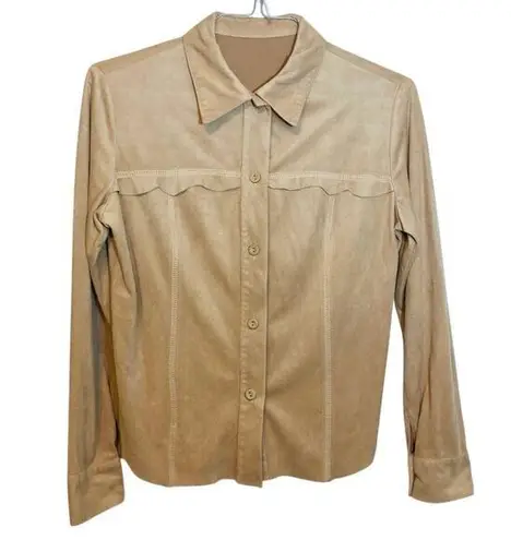 Vintage Ultra Suede Leather Tan Custom Made Long Sleeves Button Up Blouse Top Size M