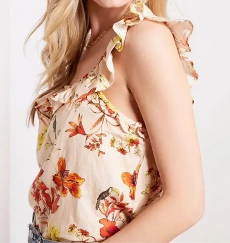 Evereve Char Beige Floral Flutter Tank Womens XL Linen Sleeveless Toucan Cottage
