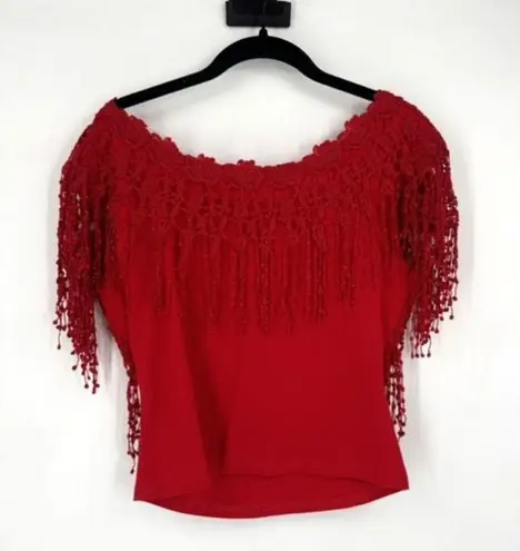 Vintage 90s Vonda D's Women's Embroidered Lace Overlay Fringe Crop Top Red Small