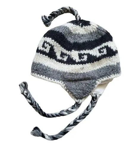 Black Gray Ear Flap Wool Sherpa Fleece Lined Hat Handmade in Nepal OSFM Adult