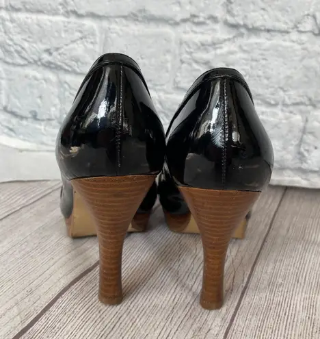 Steve Madden Pawla open toe shiny black & tan high heels women sz 8