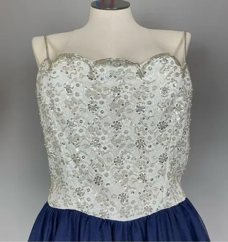 Vintage 1970s Beaded Dress Silk Couture Jacket Lace Elegant Navy White Scalloped Size 14