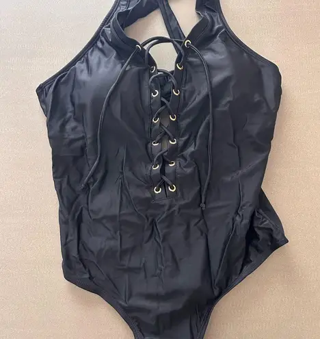 MeetCurve All Black Front Lace Up One Piece Swimsuit, Size L Size L