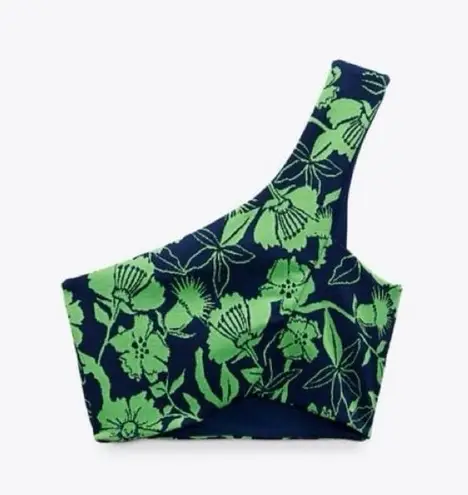 ZARA  Jacquard Top One Shoulder Crop Tank Navy Blue Green 5039/687 Floral Small