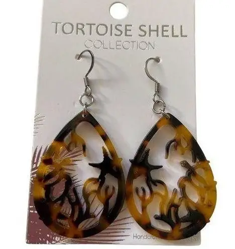 Hand Crafted Teardrop Ocean Cut Out Faux Tortoise Shell Dangle Earrings
