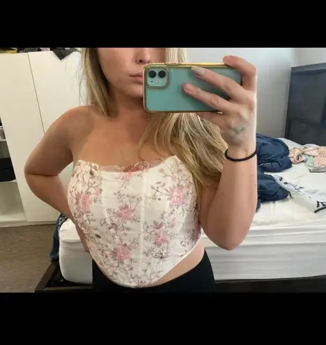 Floral Print Contrast Embroidered Mesh Curved Hem Tube Top White Size L