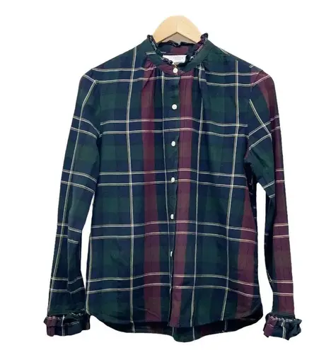 Trovata Birds of Paradis Caroline Ruffle Cuff Blouse Wine Navy Plaid Size Small Blue